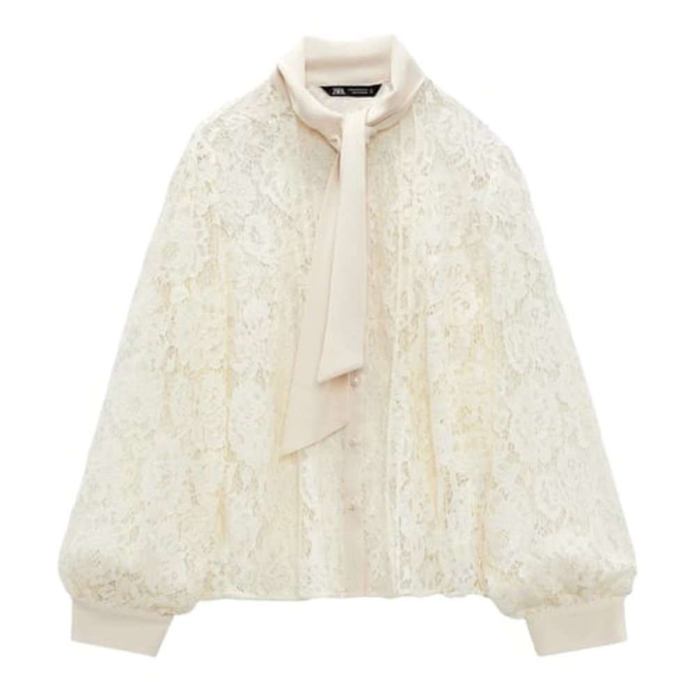 NWT Zara Women Lace Blouse with Tie Ecru White - Size Small